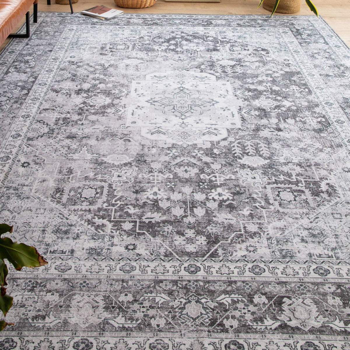 LuxeLounge washable rug styled with neutral furniture

